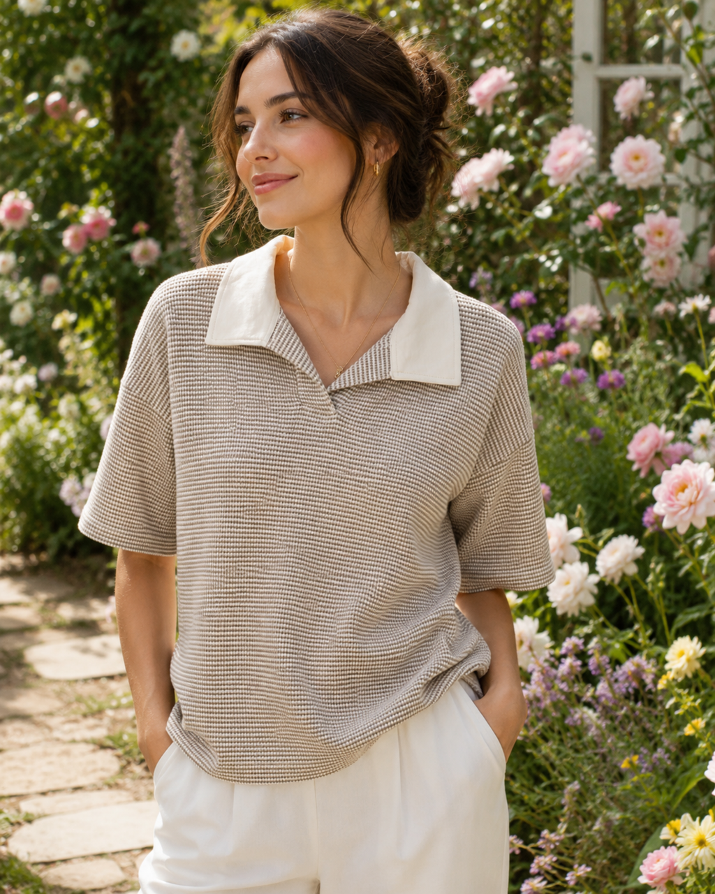 Ivory Drift Waffle Polo | Polo for ladies